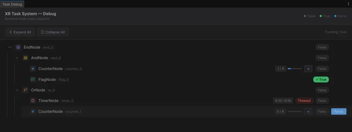 XR Task System Debug Window - Dark Theme